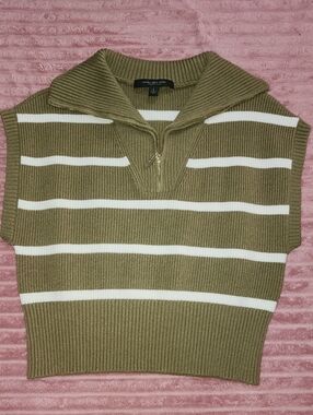 Marc New York Olive & White Striped Half-Zip Knit Vest